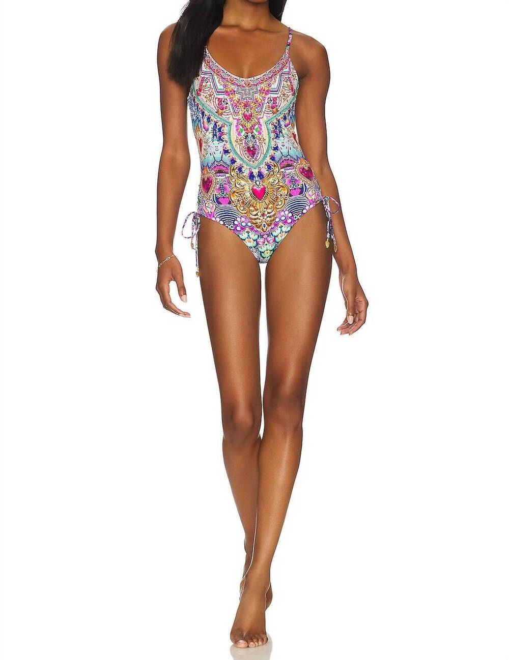 NEW CAMILLA women's scoop neck lace up side one piece in lucky charms